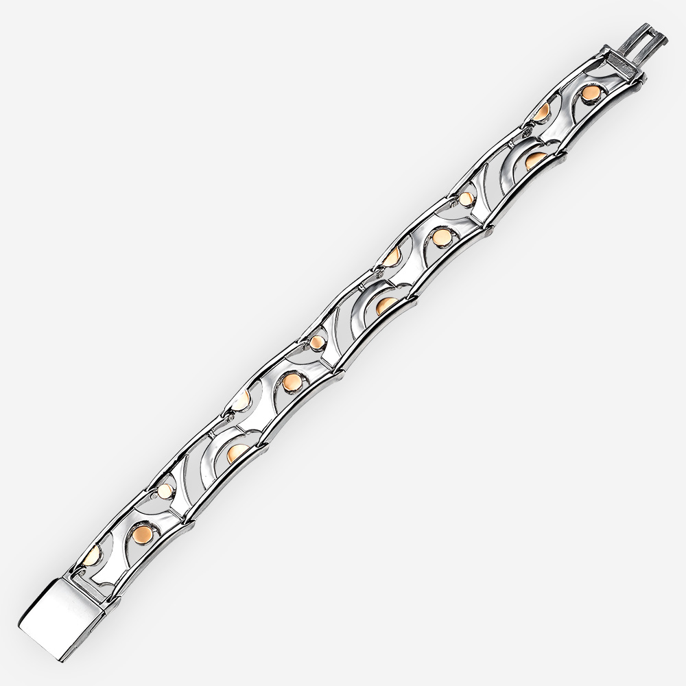 Pulsera de plata fina con forma abstracta el diseño de hombres cortados con las cabezas de oro de 14k en cada enlace.