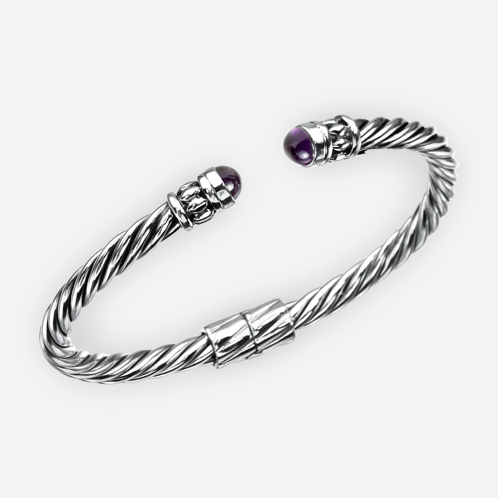 Pulsera de plata con diseño de cable trenzado de plata fina y 2 piedras cabuchones de amatista