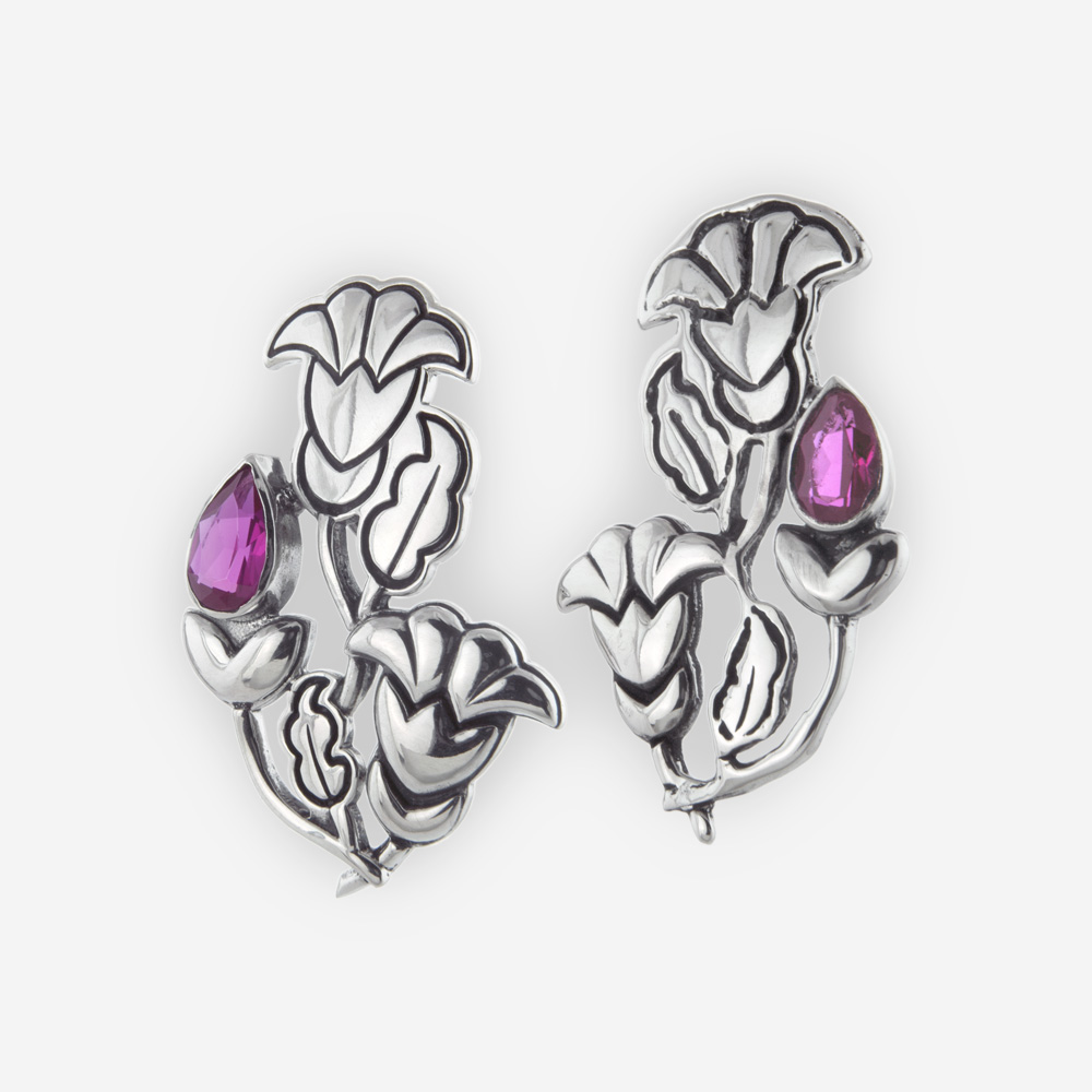 Aretes de Poste Confeccionados en Plata .925, con Diseño Art Nouveau y Flores de Zirconias Cúbicas.