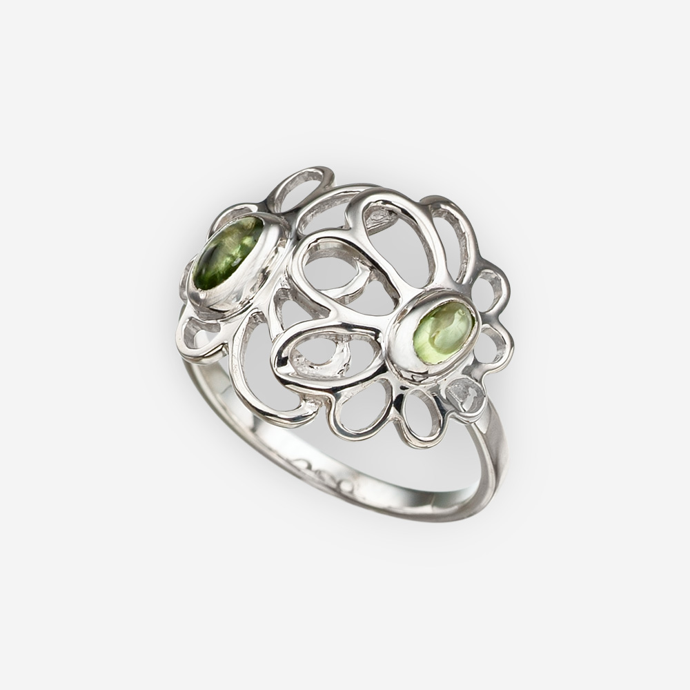 Anillo de flores de margaritas hecho en plata fina .925 con cabujones de peridoto