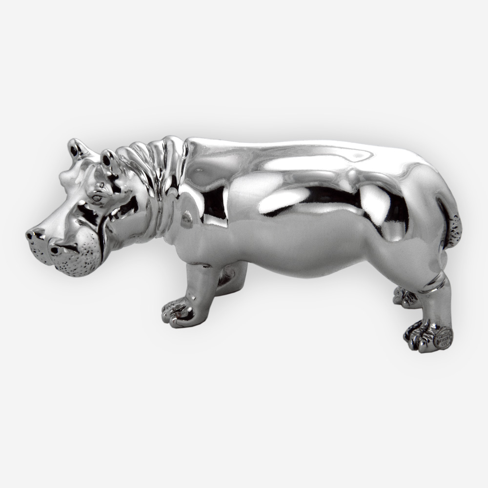 Electroformed silver hippo sculpture featuring a silver plated form with polished finish.