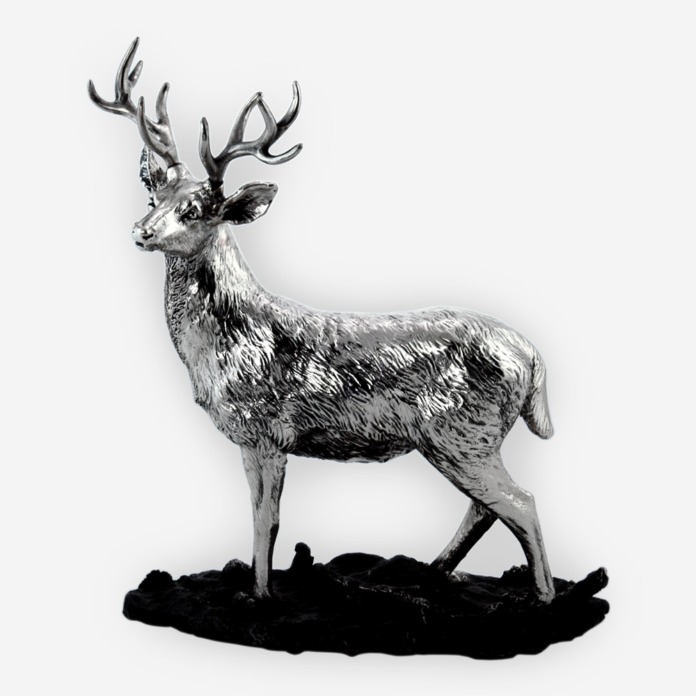 Electroformed silver stag sculpture with a silver plated oxidized finish