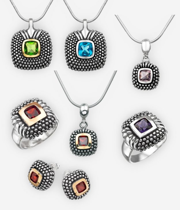 The Exotic Treasures Collection is crafted in 925 sterling silver with 14k gold details and various gemstones with ornate designs