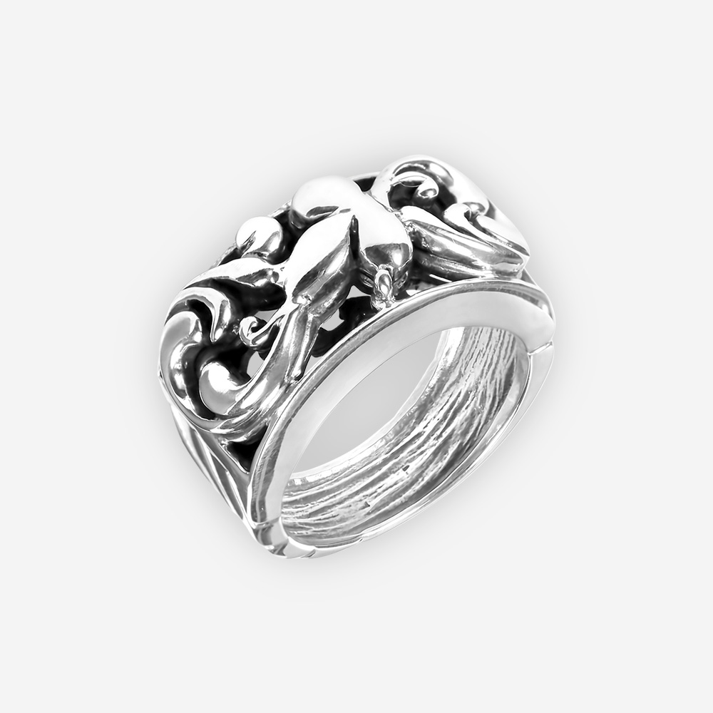 Anillo de plata filigrana floral con hoja esculpida hecha a mano en plata .925.