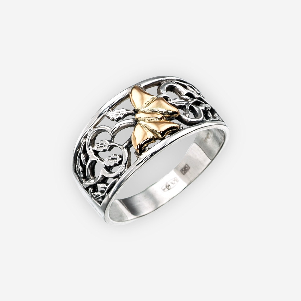 Anillo de plata con una mariposa dorada hecho a mano de plata fina .925 y oro de 14k.