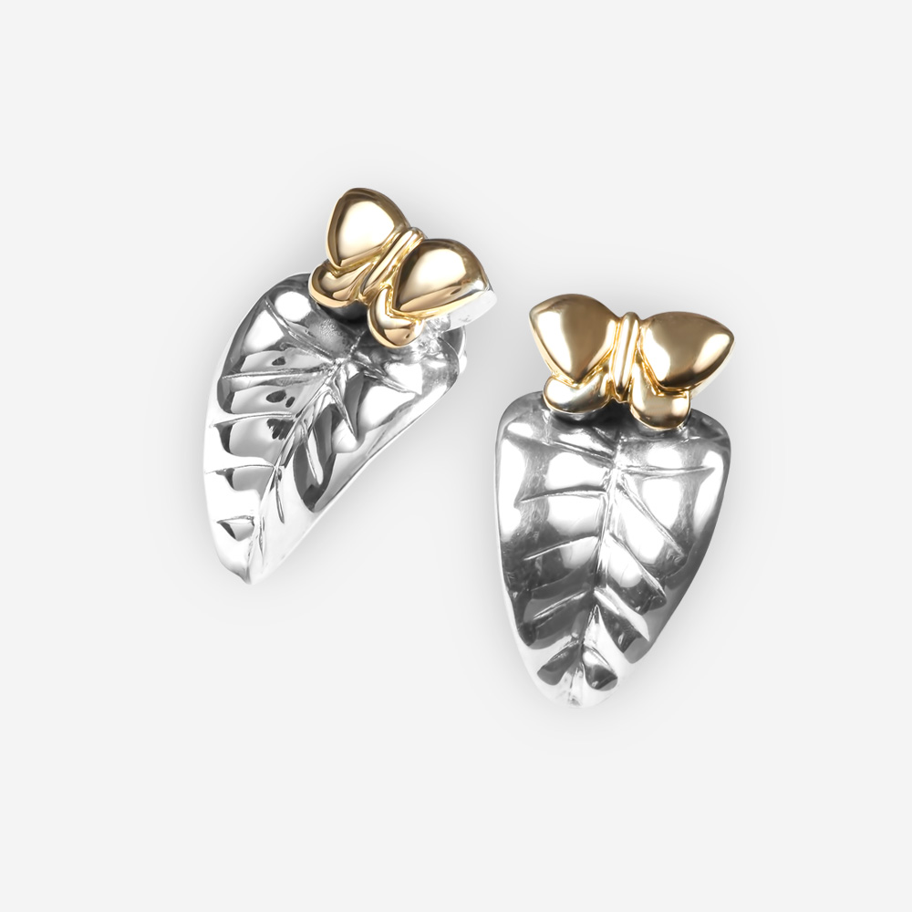 Aretes de plata con mariposas doradas están hechas de plata .925 y oro de 14k.