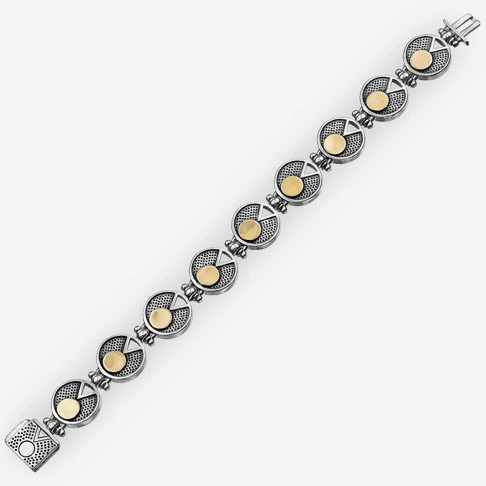 Moderna pulsera de plata de dos tonos con modernos enlaces texturizados de medallon