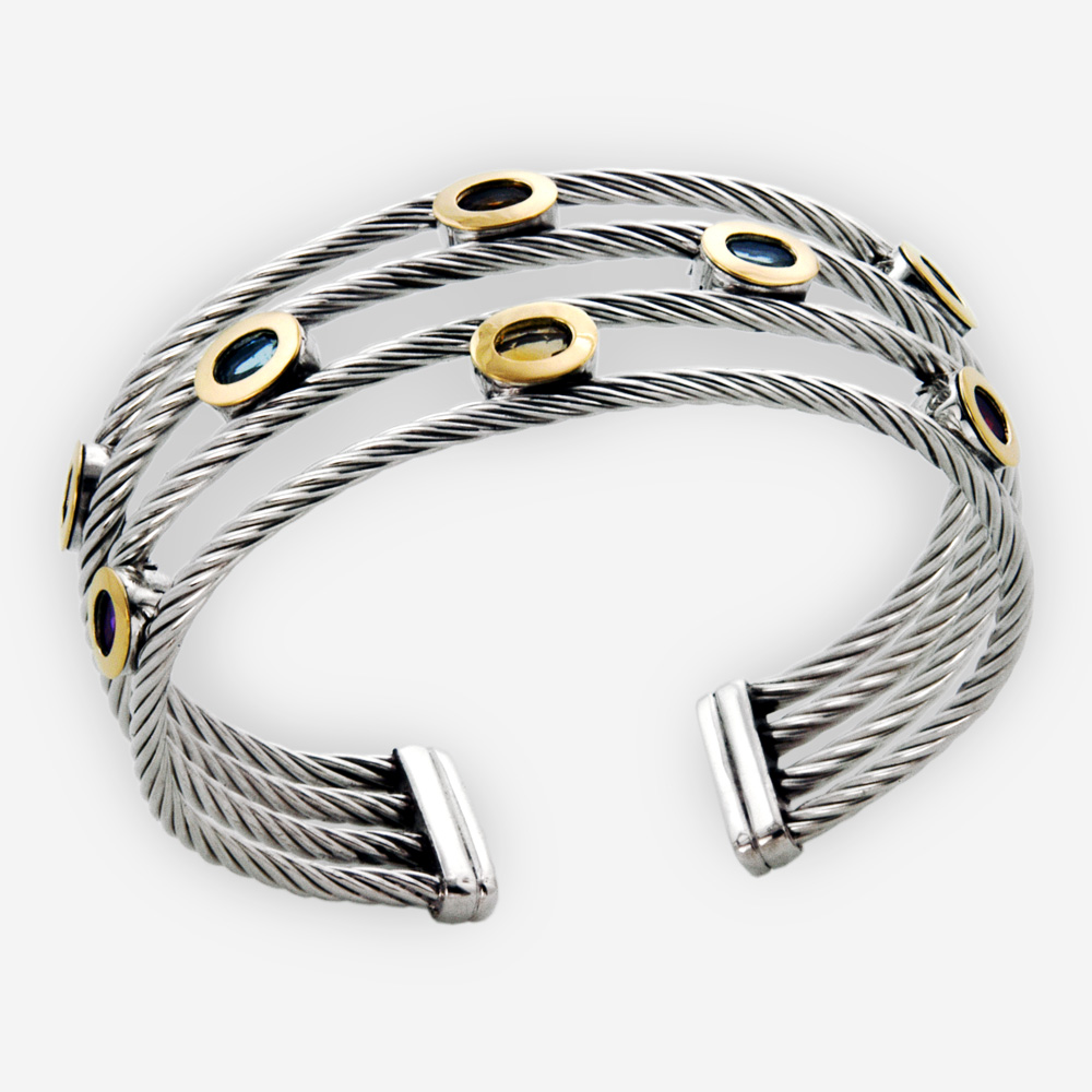 Brazalete de cable trenzado de múltiples hilos hecho a mano de plata .925 y oro de 14k con piedras preciosas múltiples.