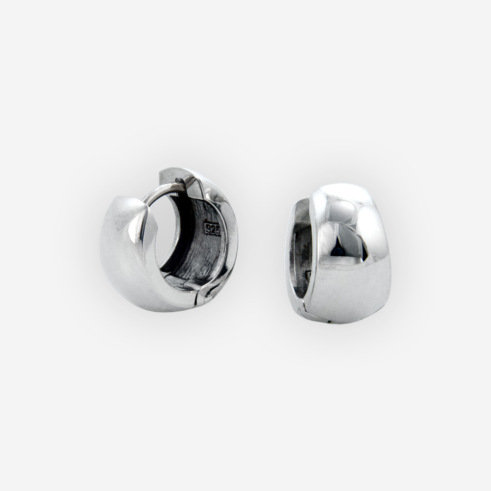 Polished sterling silver hoop earrings with huggie closure