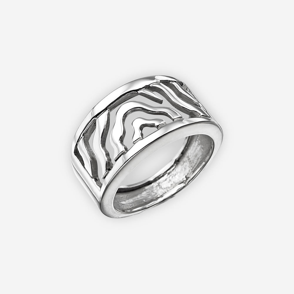 Anillo de plata fina moderna altamente pulido con diseño de onda abstracta y banda ancha.