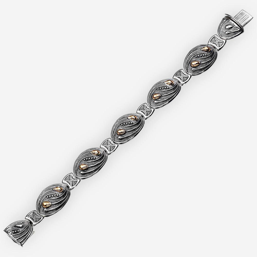 Pulsera de plata en forma de espiguilla con oro de 14k.