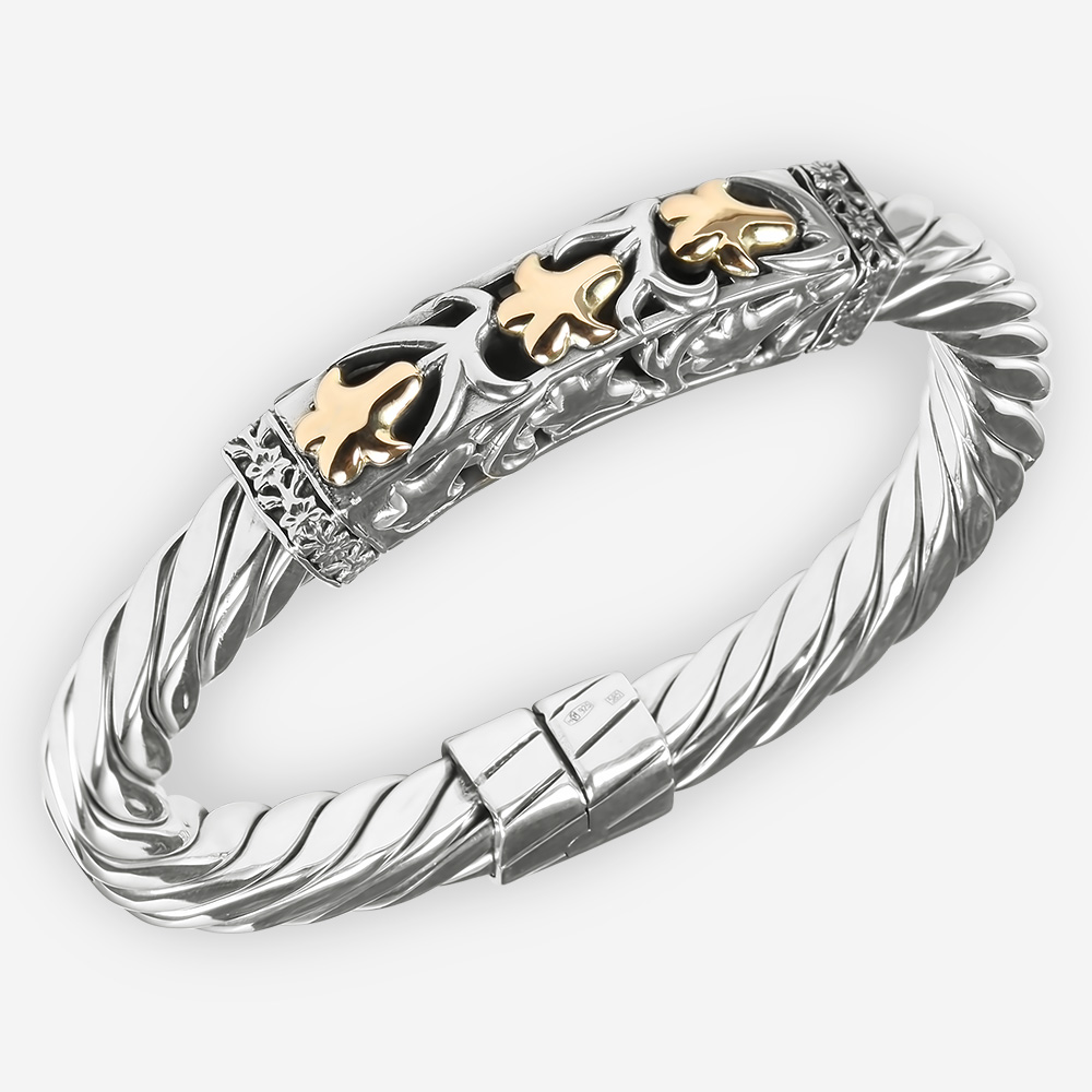 Brazalete de Torzal Manufacturado con Cables de Plata .925 y Hojas de Higuera en Oro 14kt