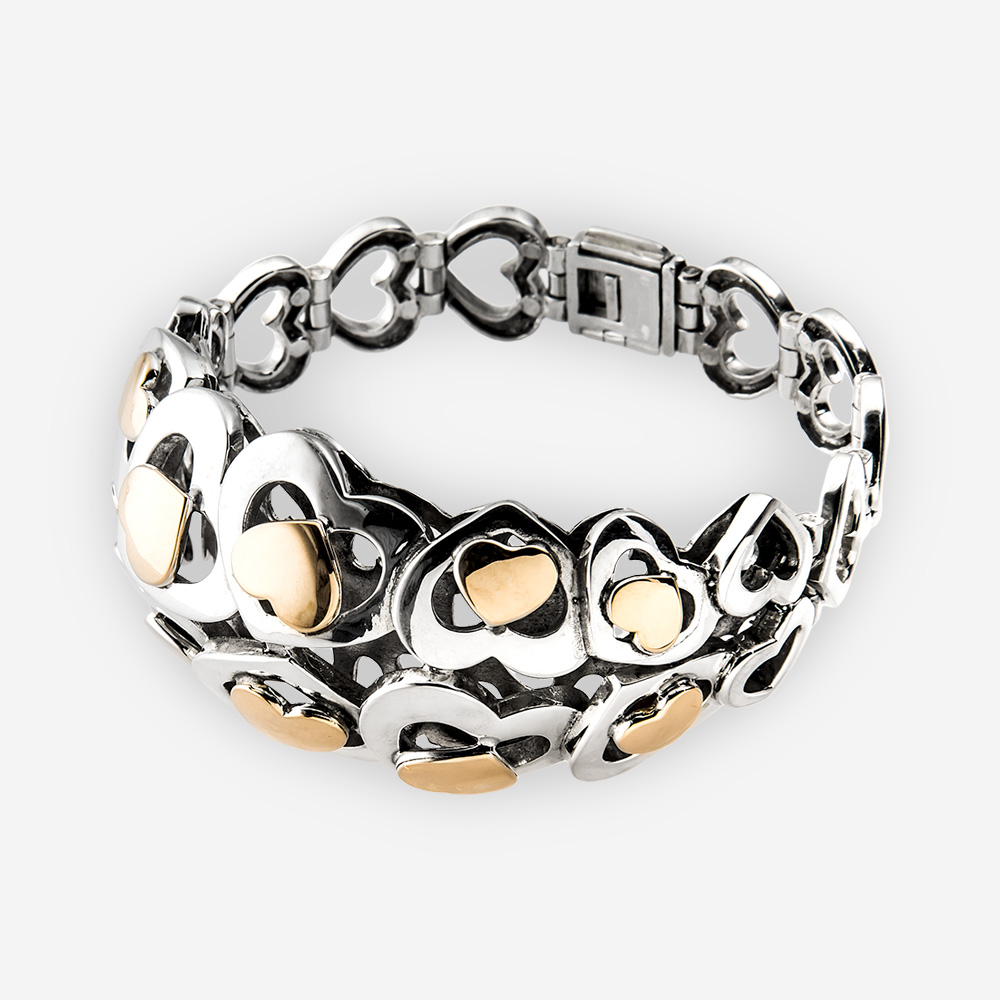 Pulsera de corazones de plata con motivos en formas de corazón de diferentes tamaños en plata de ley y también de oro 14k