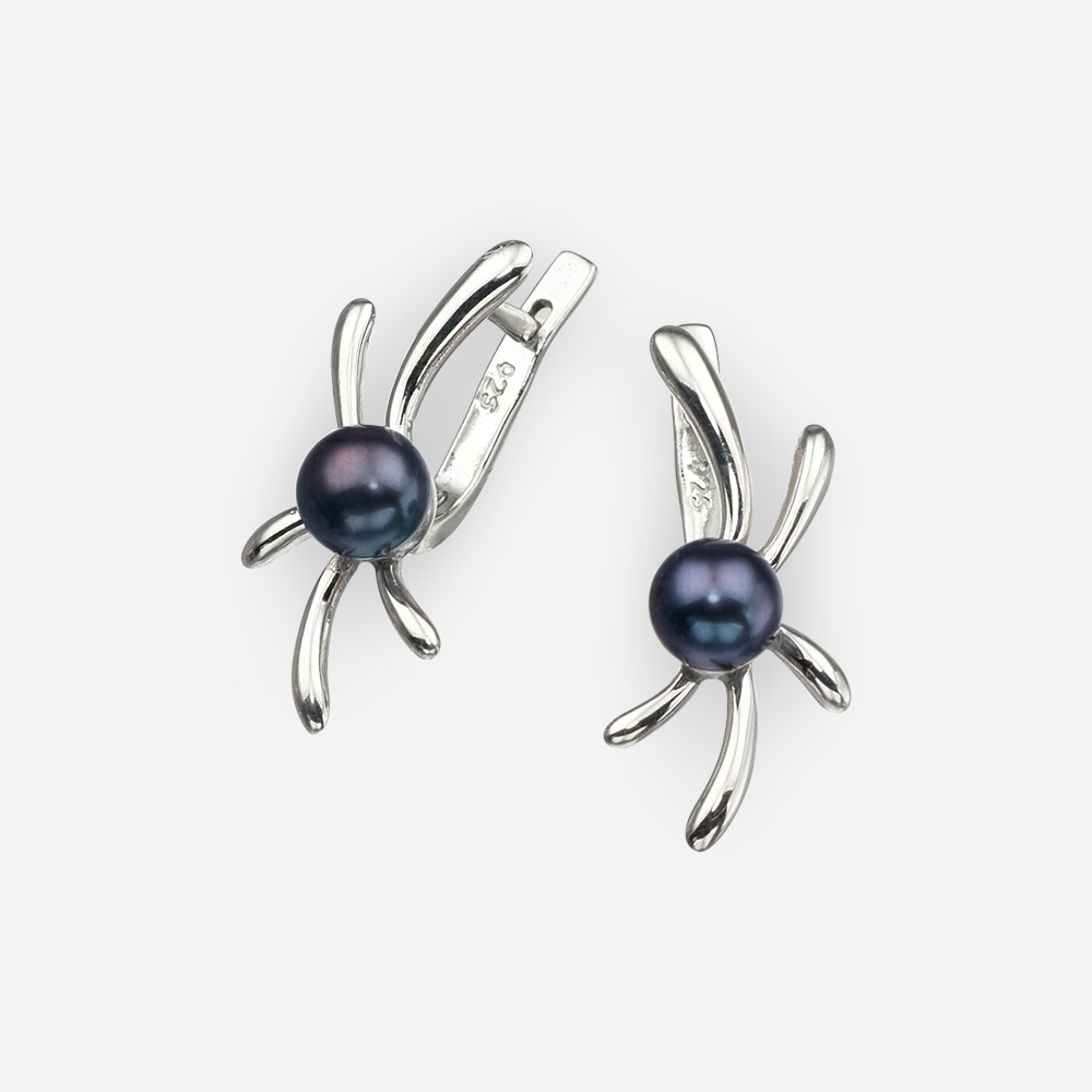 Small silver floral earrings with black pearls and latch back closure.