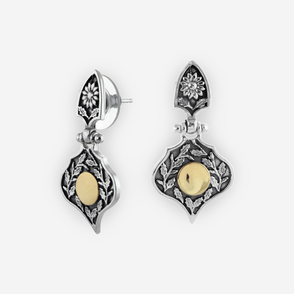 Aretes Yemenitas Confeccionados en Plata Oxidada .925 Grabados con Motivos Florales y Adornados con Oro 14k.