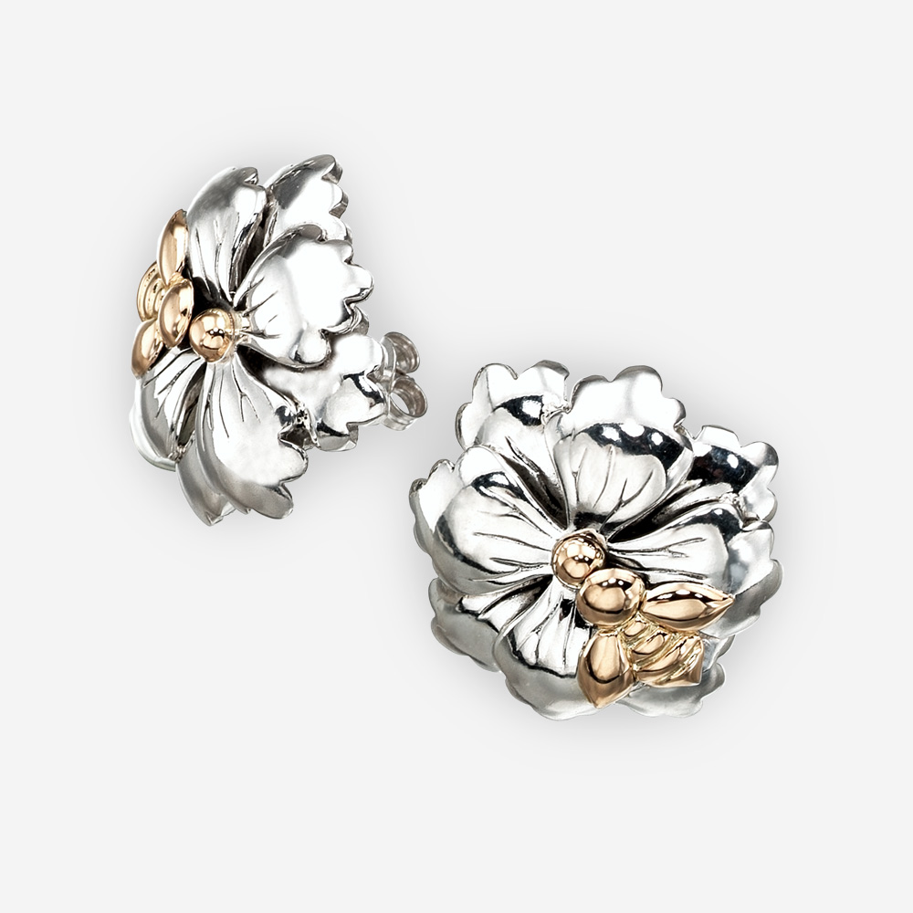 Aretes de plata florales con abejas de oro de 14k.