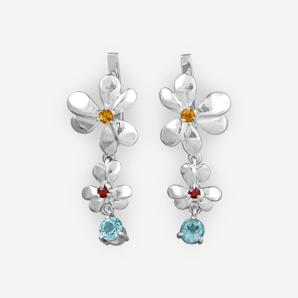 Aretes de plata en forma de flores con citrina