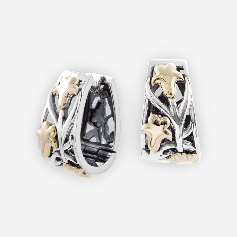 Aretes huggie de Plata y hojas de parra de oro 14kt.