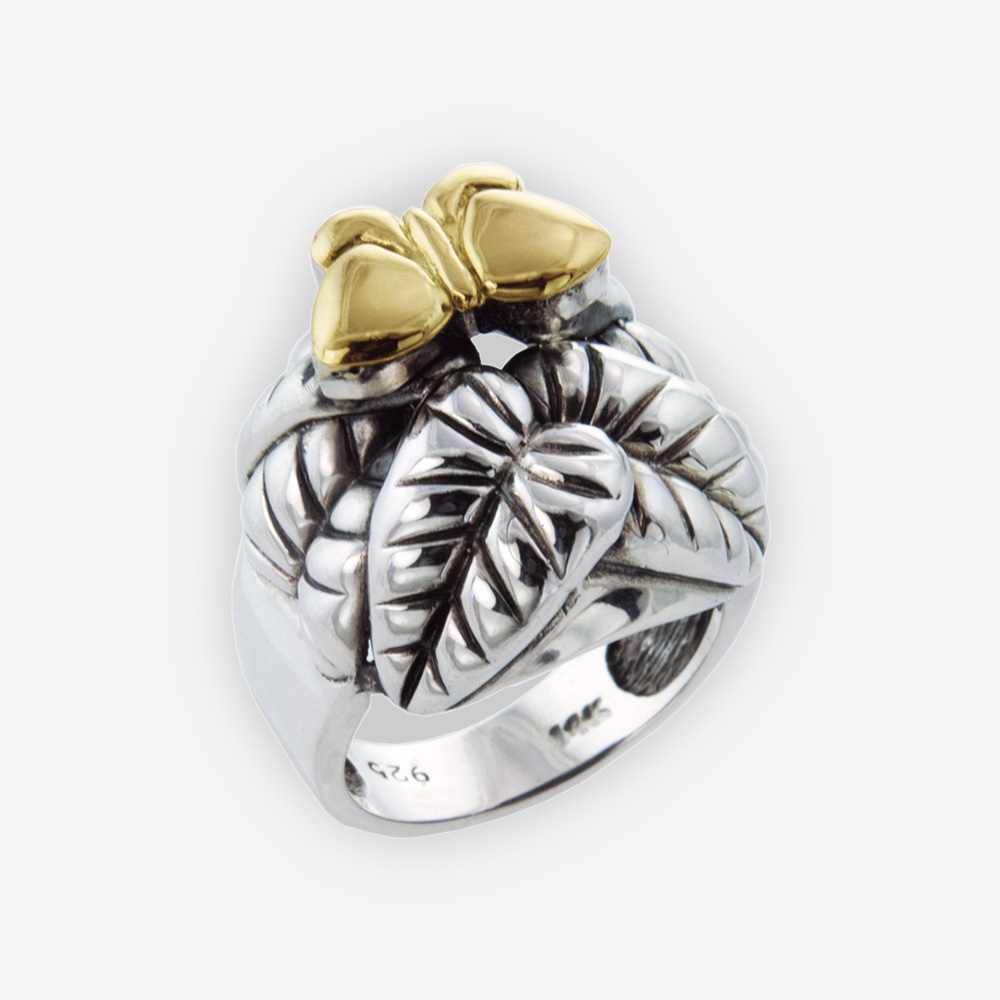 Tentador Anillo Hecho de Hojas Elegantes en Plata .925, con una Mariposa de Oro 14 kt.