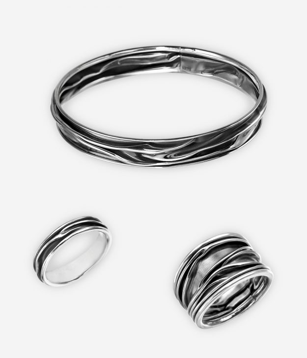The Sybil jewelry collection is a rippled texture and crafted from oxidized 925 sterling silver