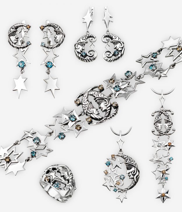The Arabian Nights jewellery collection features whimsical lunar designs and is 925 sterling silver set with multiple gemstones