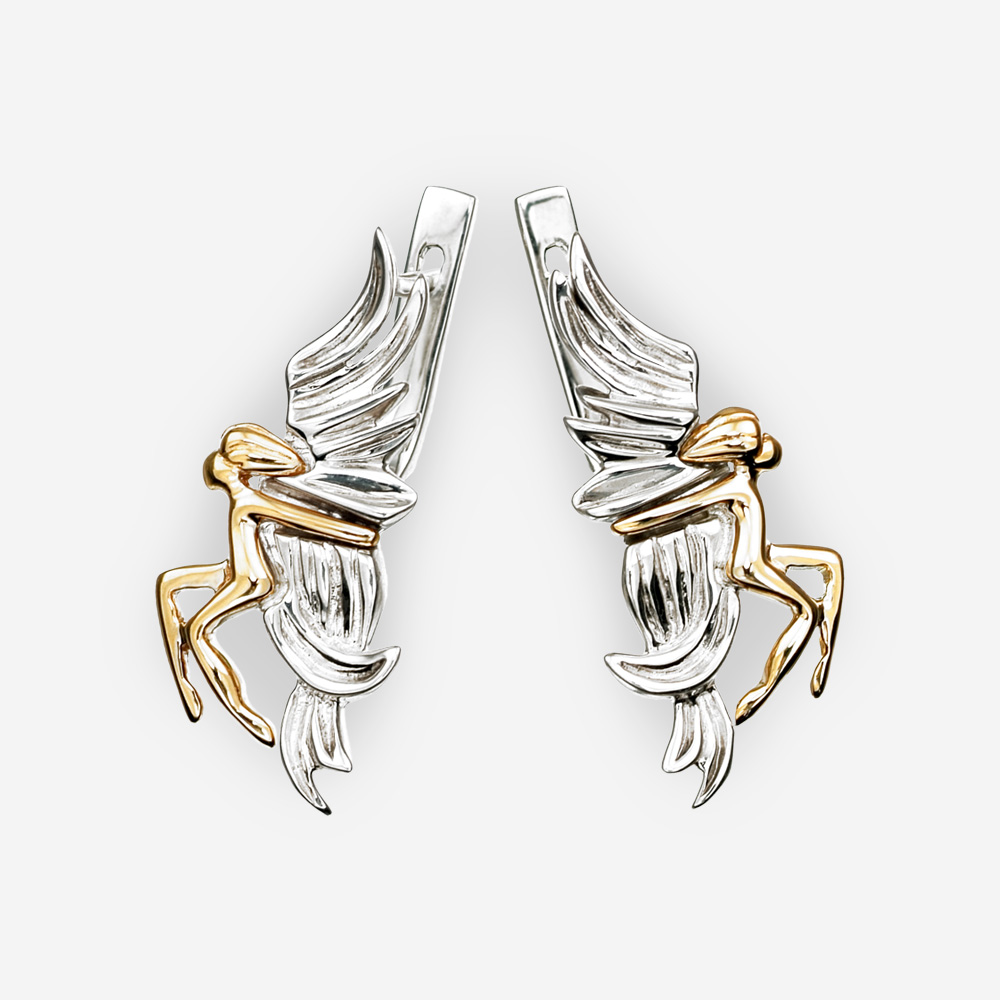 Aretes de dos tonos de plata en forma de ángeles en oro de 14k.