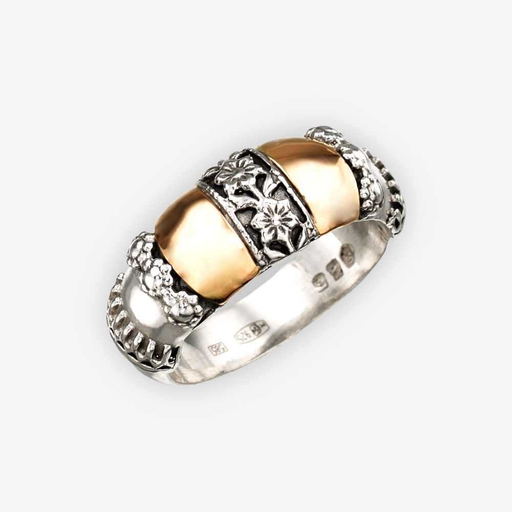 Anillo floral de Dos tonos de plata con detalles de oro 14k.