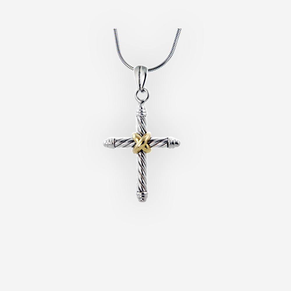 Pendiente de plata de Dos tonos religiosa cuenta con un diseño de cable trenzado de plata y detalle de oro 14k.